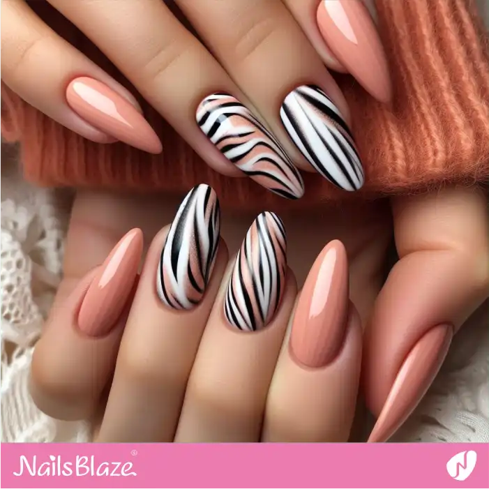 Peach Fuzz Almond Nails Zebra Print Design | Animal Print Nails - NB2473
